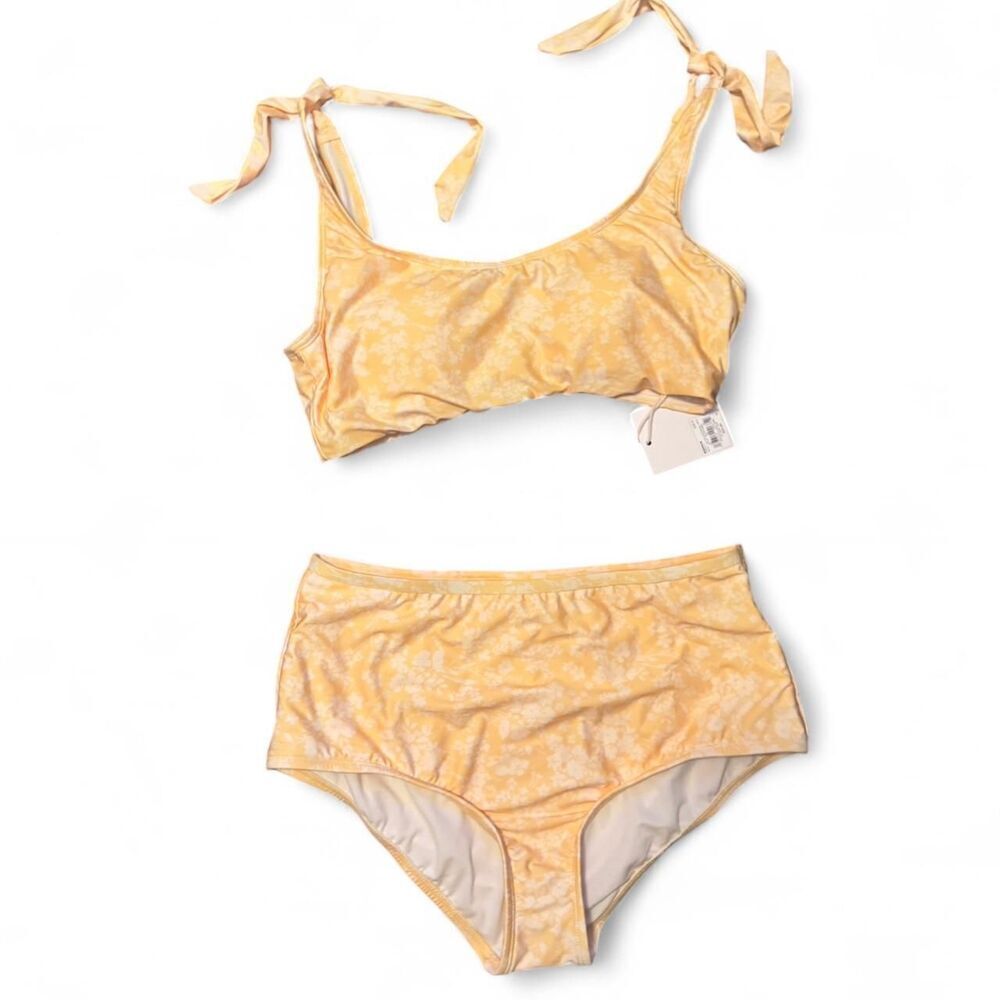 LC Lauren Conrad Swimsuit Set M Yellow Floral High waist tie strap NWT